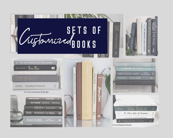 Collage of customized book sets for display. Real hardcover books used for decorating and reading for sale online.  sets. Sets of real books used for decorating. Decorative books for display. 