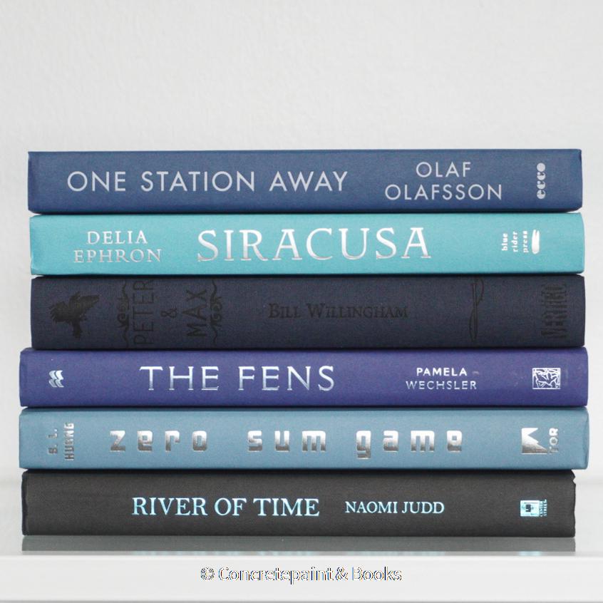 Black and blue hardcover real books staged and used as home décor. Book stack on a shelf.