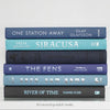 Black and blue hardcover real books staged and used as home décor. Book stack on a shelf.