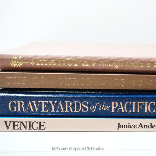 Stack of hardcover books in navy blue and neutral colors. Real books staged and used for decorating.