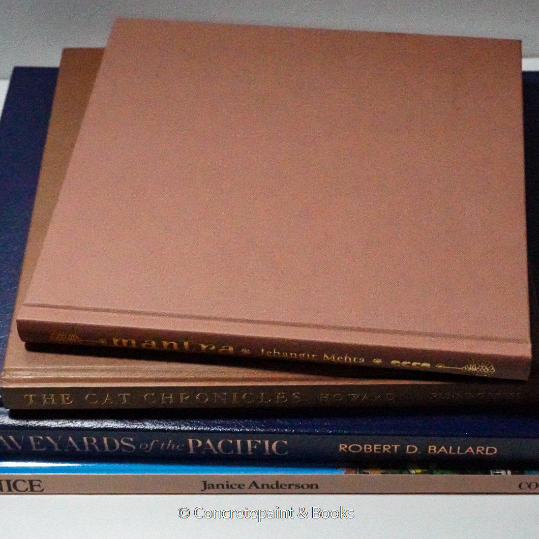 Stack of hardcover books in navy blue and neutral colors. Real books staged and used for decorating.