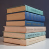Neutral, mint, and navy color books used for decorating. Stack of real hardcover books for display. 