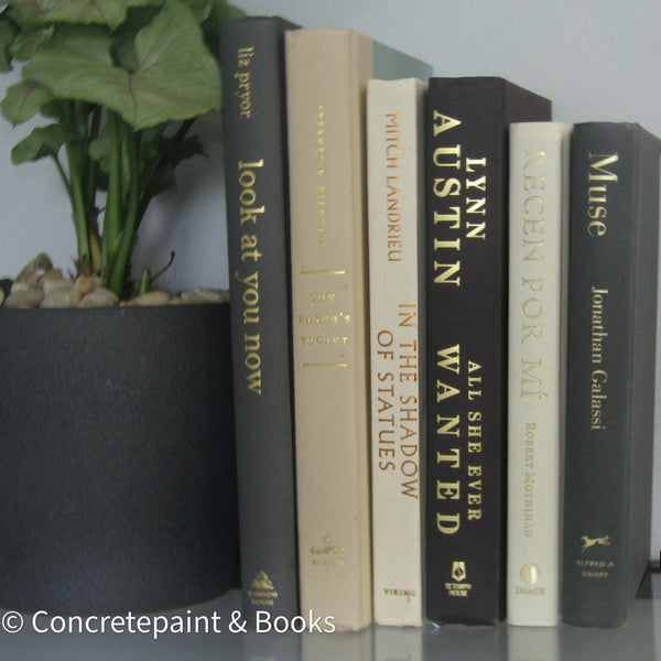 Set of hardcover books in gray and neutral colors staged and used as decorating home display. 