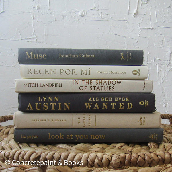 Set of hardcover books in gray and neutral colors staged and used as decorating home display. 