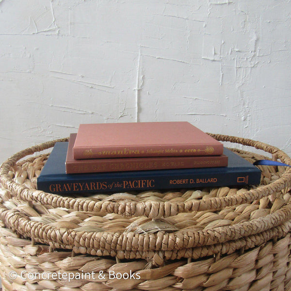 Stack of hardcover books in navy blue and neutral colors. Real books staged and used for decorating.