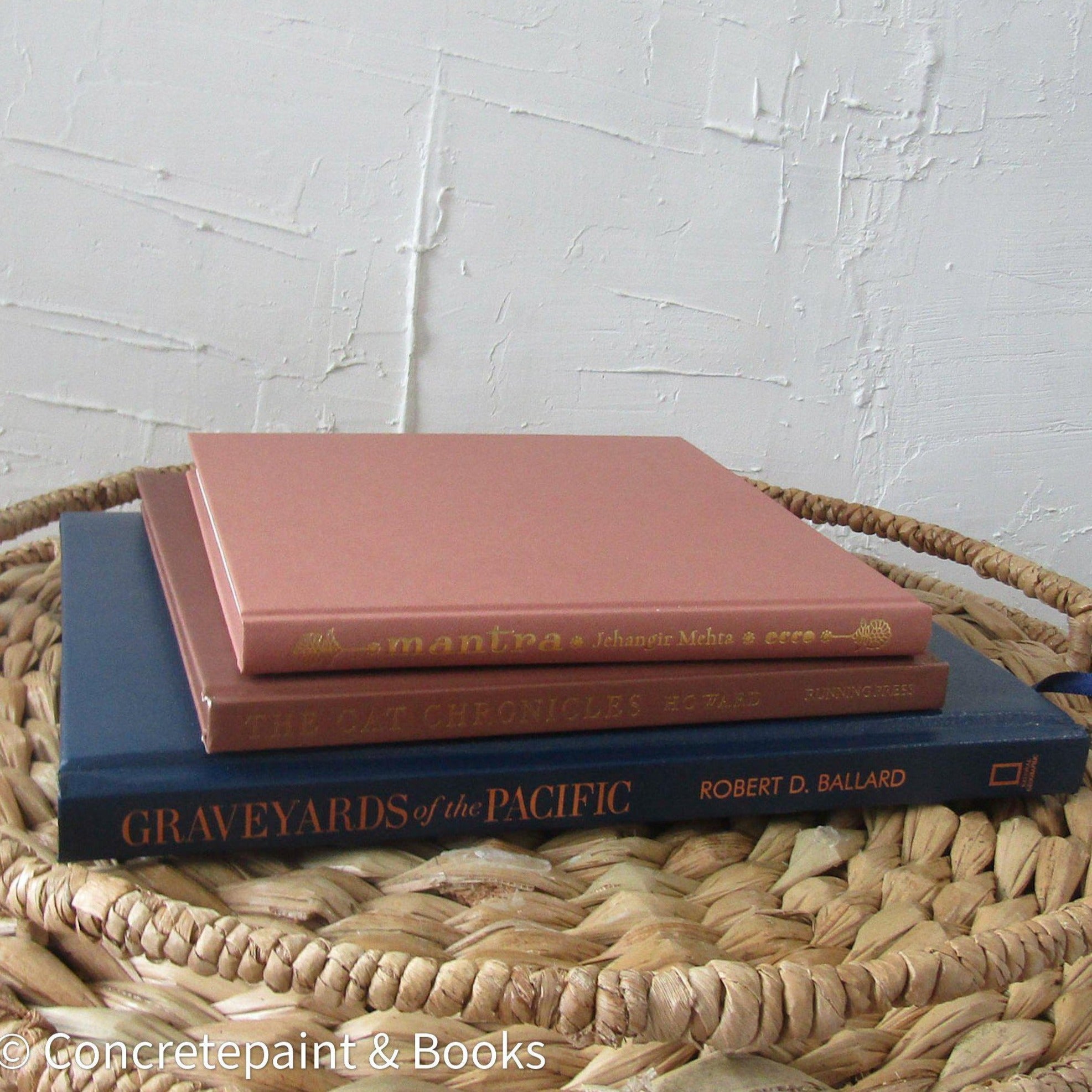 Stack of hardcover books in navy blue and neutral colors. Real books staged and used for decorating.