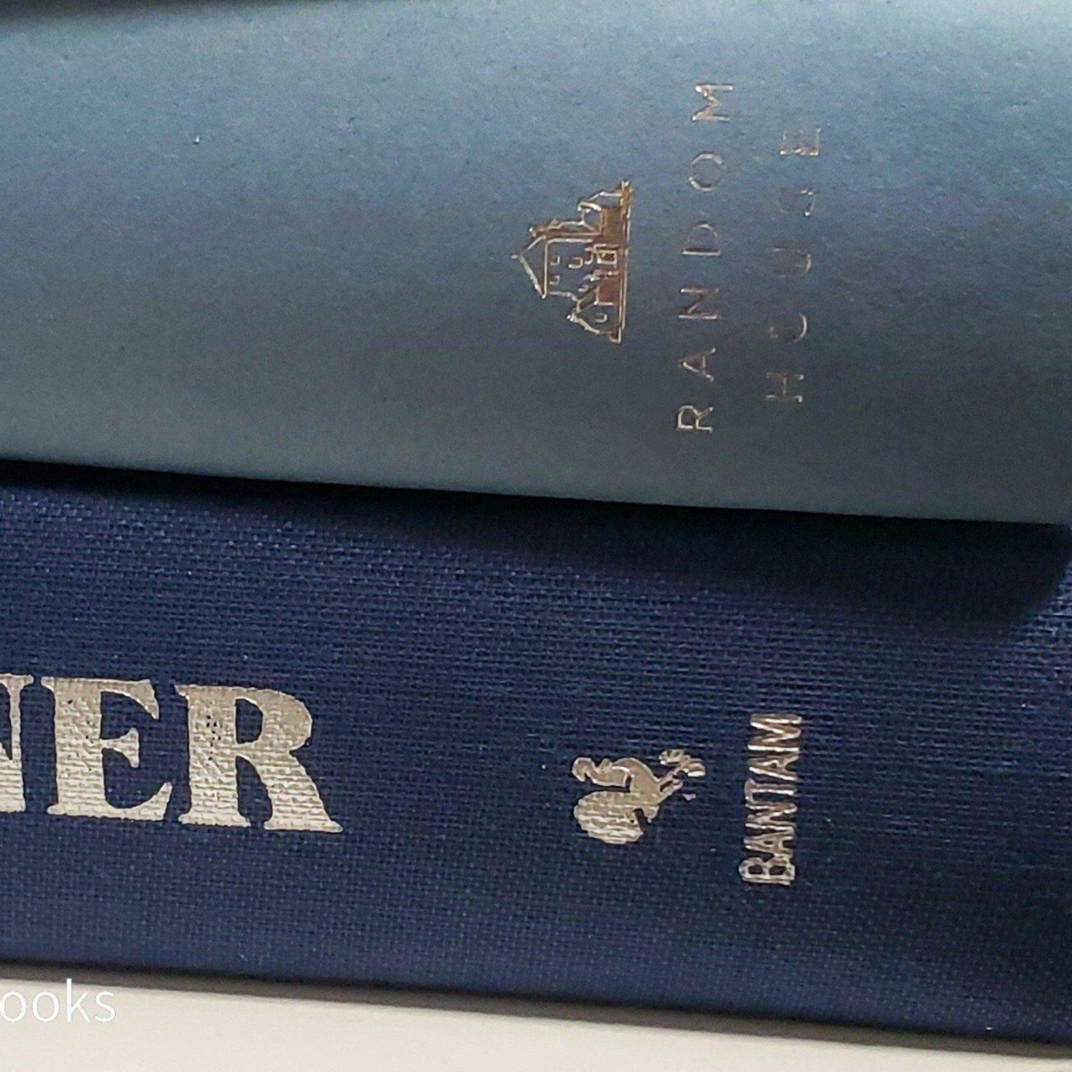 stack of real hardcover books used as shelf décor in blues, white, and gray.