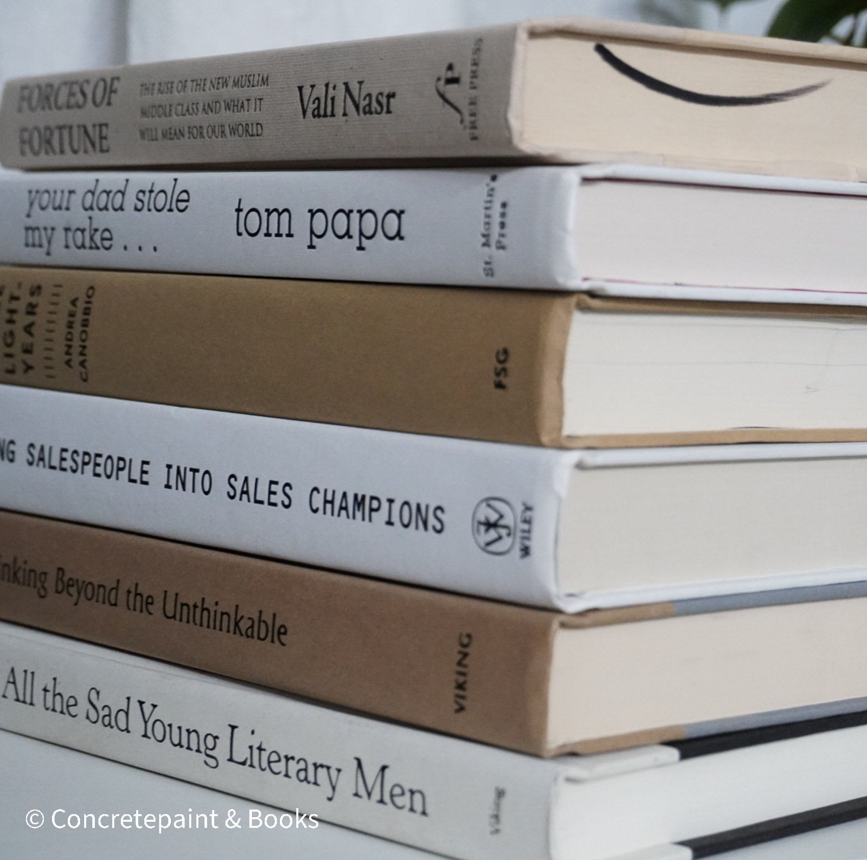 Neutral, sand and white books on display. Real hardcover books for decorating shelves.