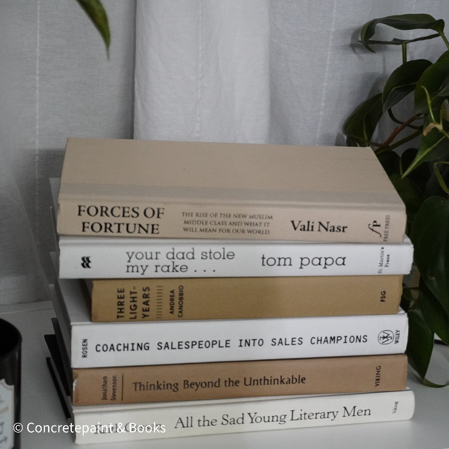 Neutral, sand and white books on display. Real hardcover books for decorating shelves.