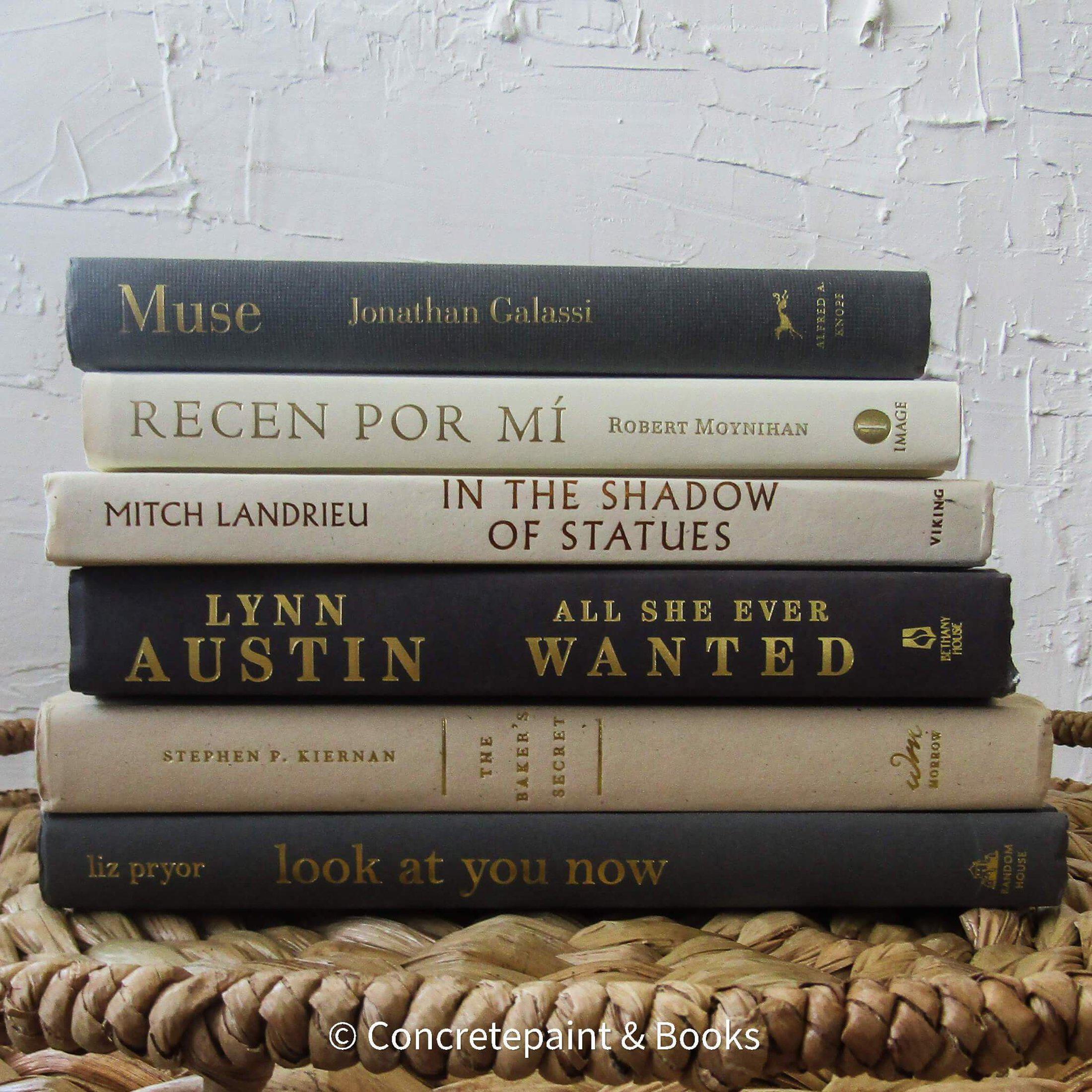 Set of hardcover books in gray and neutral colors staged and used as decorating home display. 