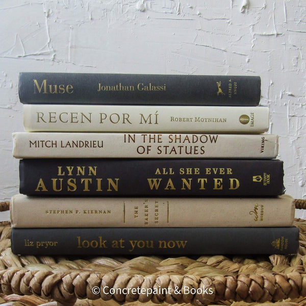Set of hardcover books in gray and neutral colors staged and used as decorating home display. 