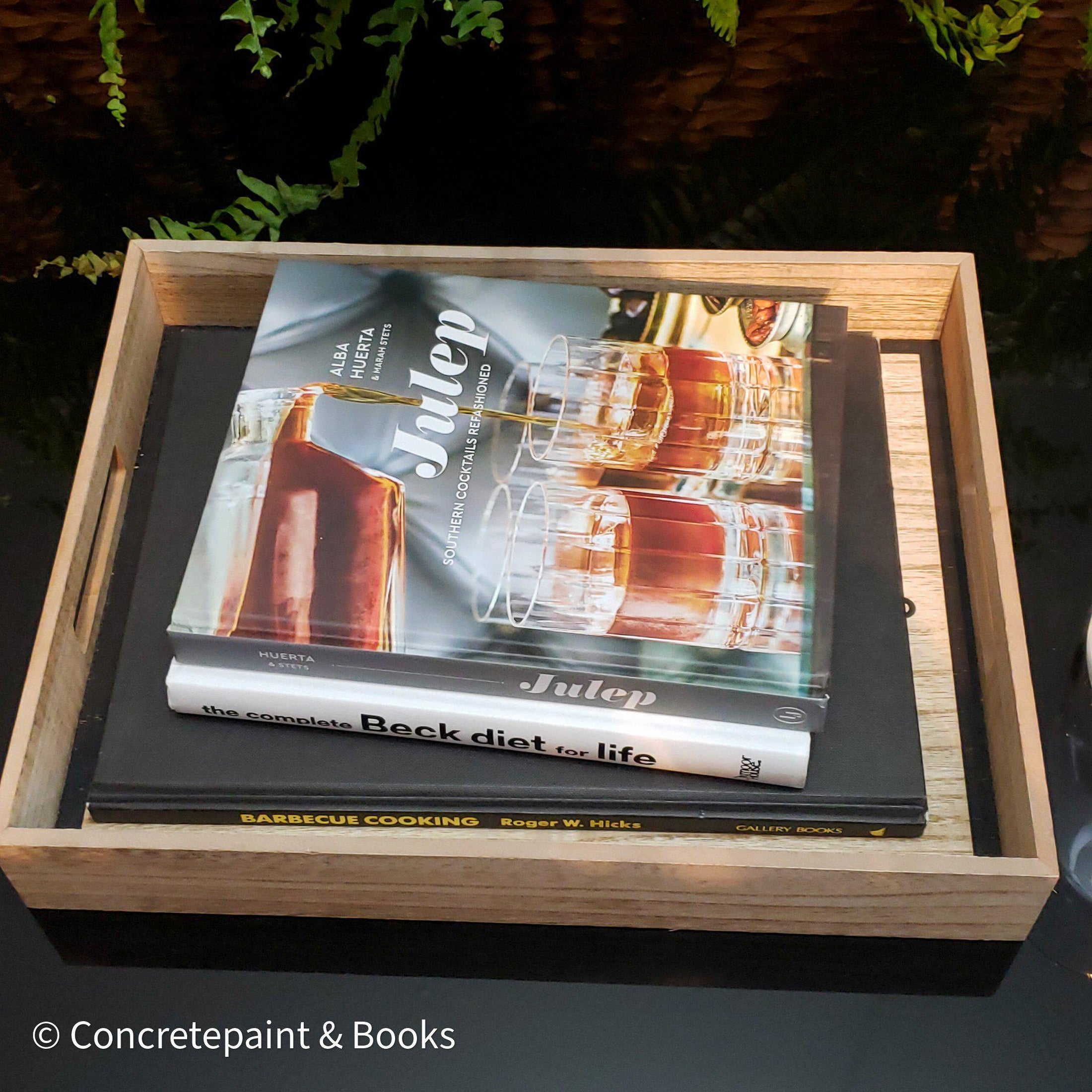 Kitchen & Patio Summer Décor Set 5 | Decorative Wooden Tray, Cookbooks & Glass Bottle