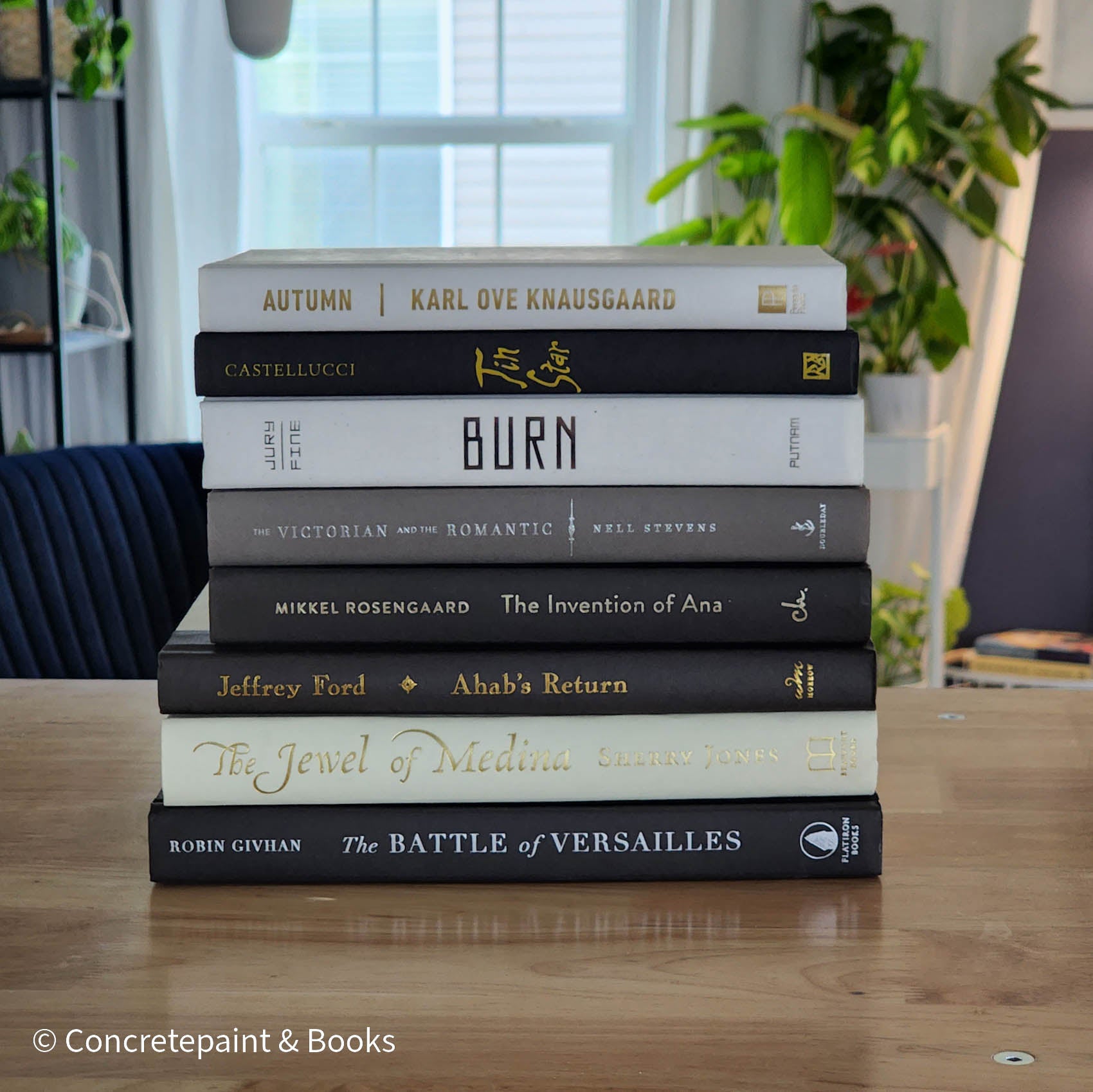 Neutral, black and gray books on display. Real hardcover books for decorating shelves.