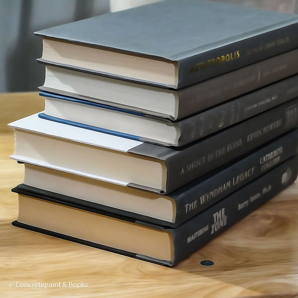 Set of used books with gray binding for home display and decoration.