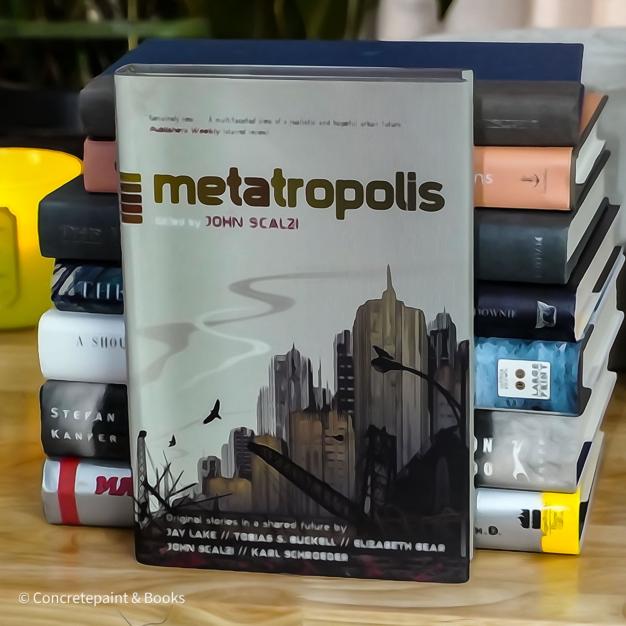 Set of used books with gray binding for home display and decoration.