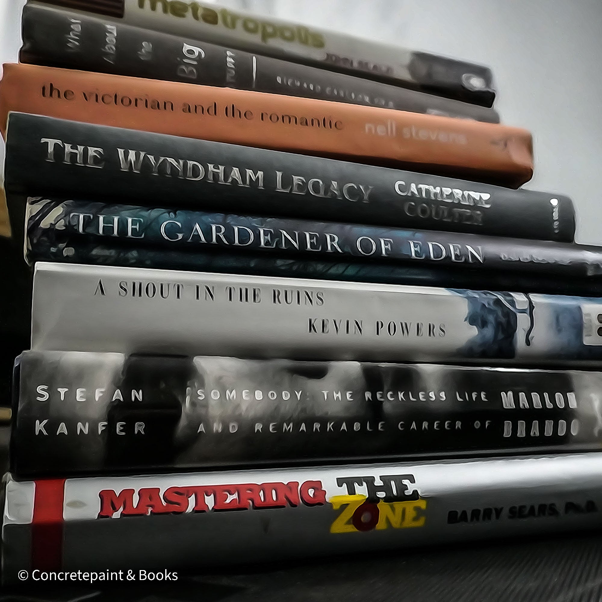 Set of used books with gray binding for home display and decoration.