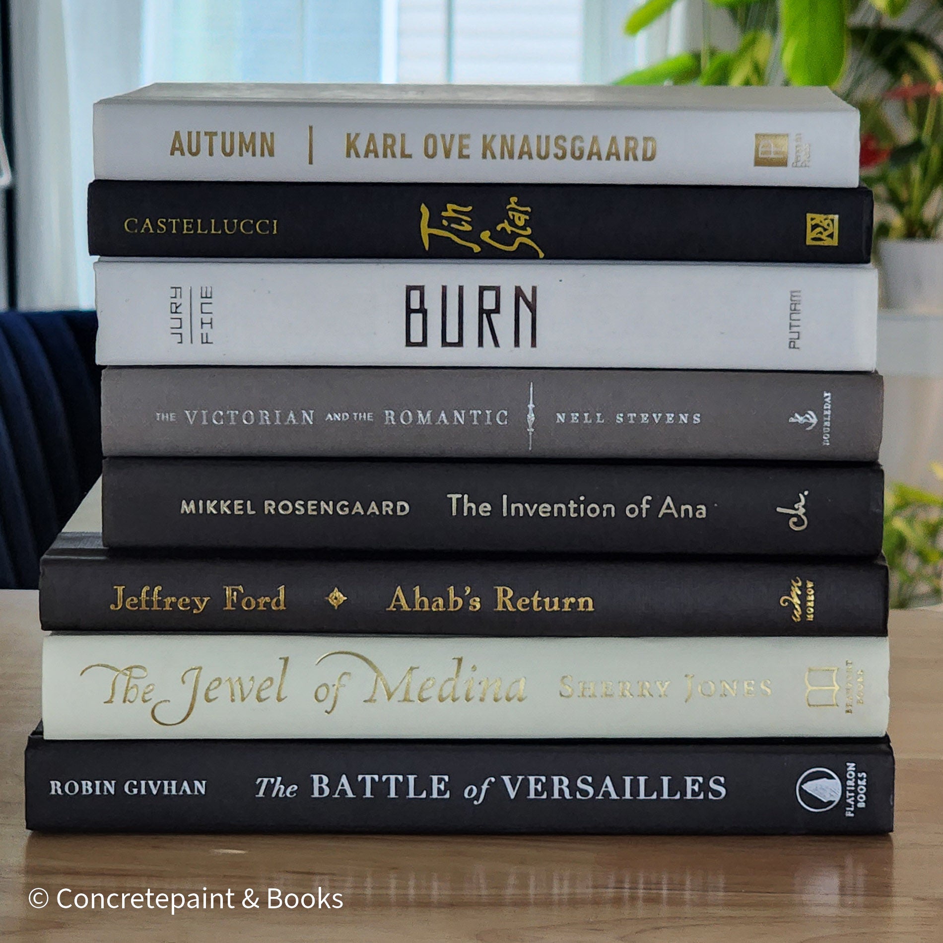 Black gray white and neutral books on display. Stack of decorative books.