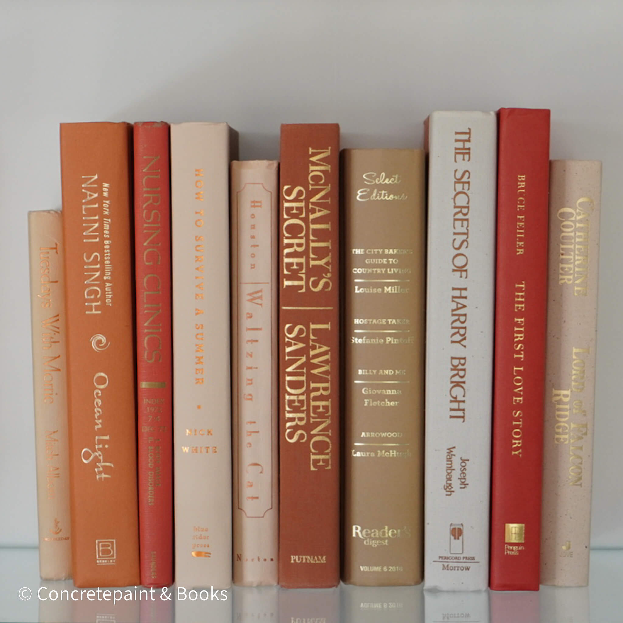 Books for display on shelf. Neutral and warm toned home decor. 