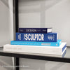 Stack of white and blue hardcover coffee table books. 