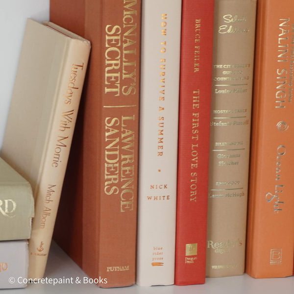 Books for display on shelf. Neutral and warm toned home decor. 